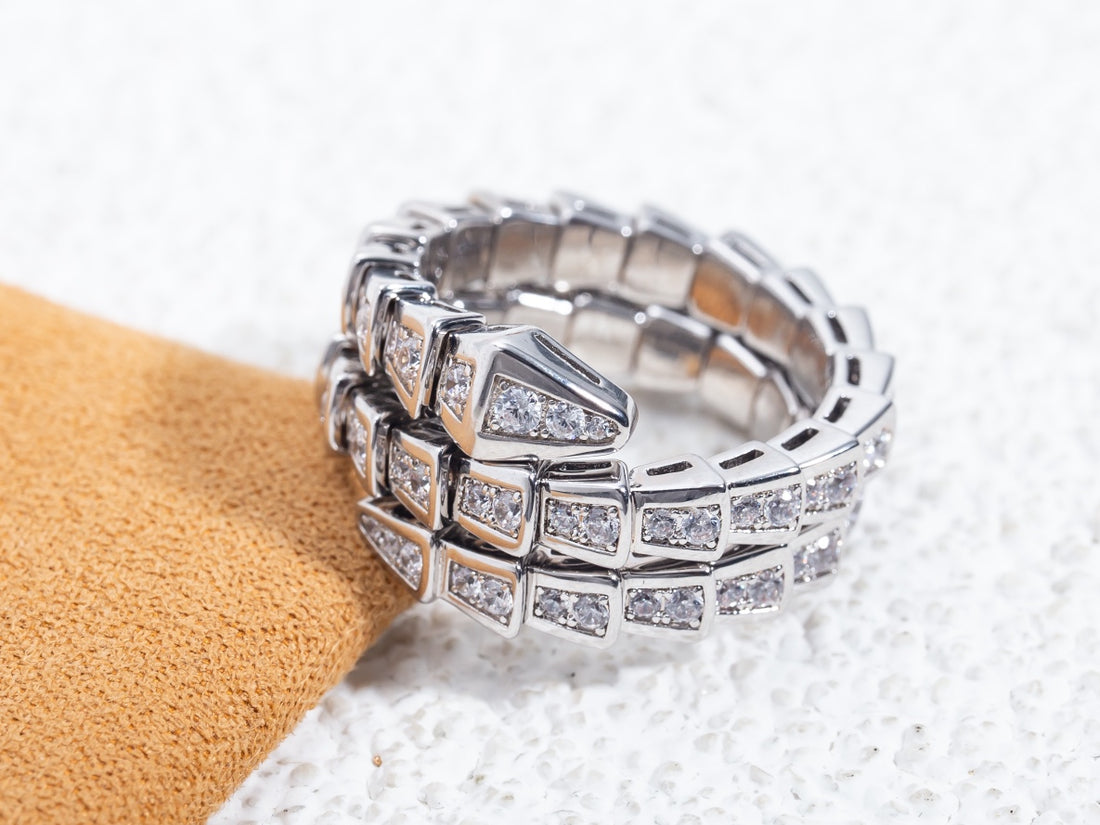 Snake-Scale Ring, White Gold Tone, Stone-Set