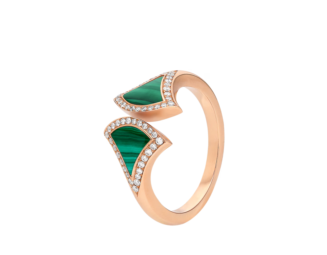 Fan-Motif Ring, Rose Gold Tone, Malachite