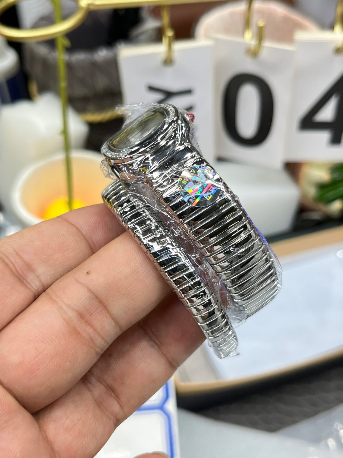 Coiled Band Watch, White Gold Tone, Stone-Set, White, 35 mm