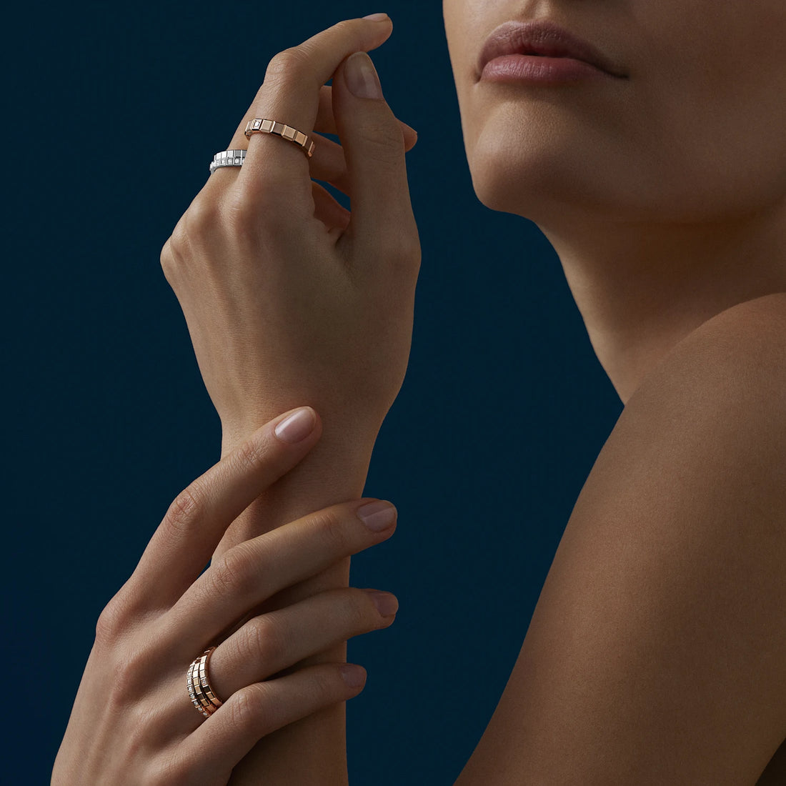 Cube-Link Ring, Rose Gold Tone, Stone-Set