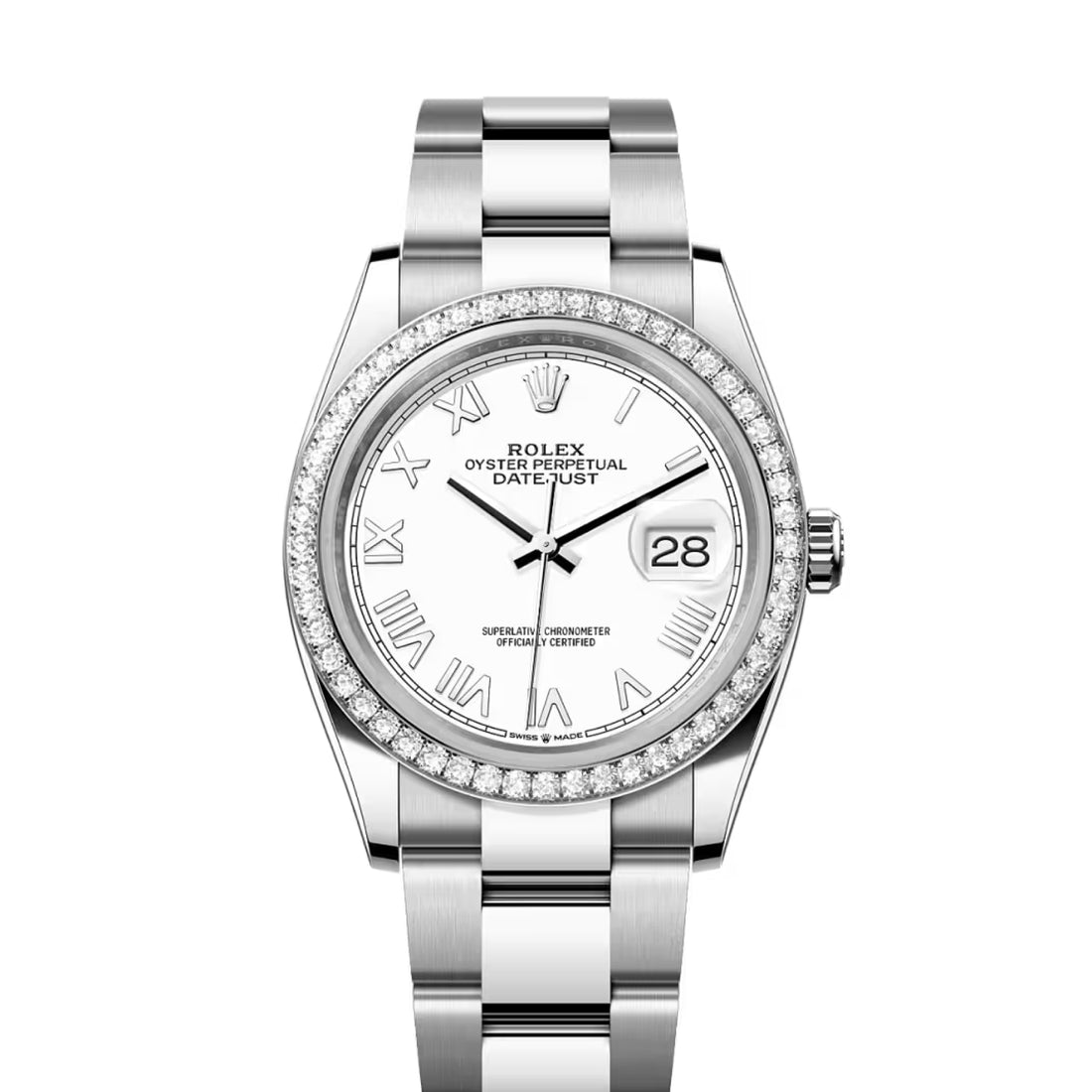 Classic Date Watch, White Gold Tone, Steel, Stone-Set, 36 mm