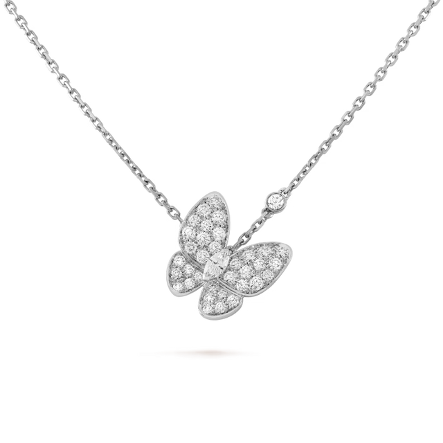 Double Butterfly Pendant Necklace, White Gold Tone, White