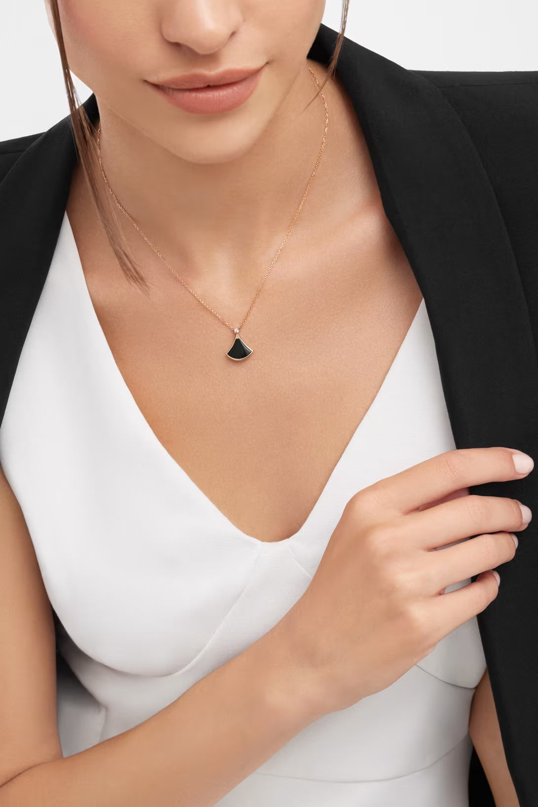 Fan-Motif Necklace, Rose Gold Tone, Stone-Set, Onyx