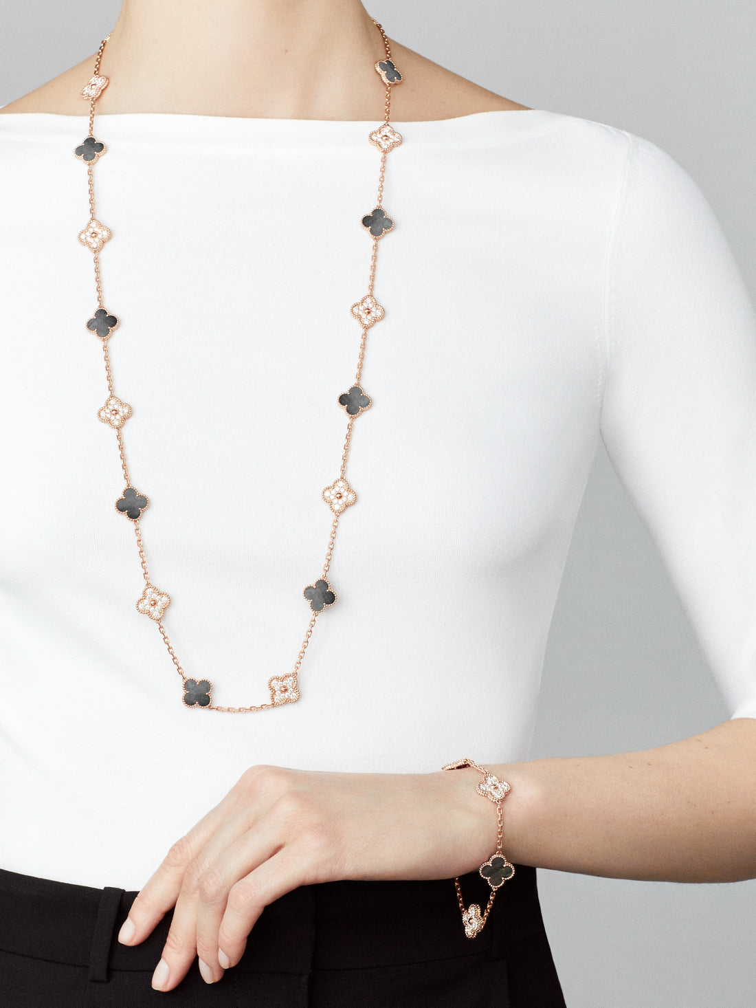 Quatrefoil Long Necklace, 20 Motifs, Rose Gold Tone, Malachite