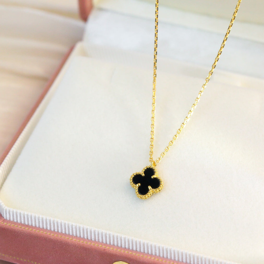 Quatrefoil Pendant Necklace, Yellow Gold Tone, Onyx