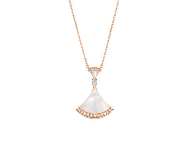 Fan-Motif Necklace, Rose Gold Tone, Stone-Set, Mother-of-Pearl
