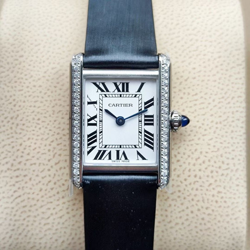 Rectangular Case Watch, White Gold Tone, Stone-Set, White, Small Model
