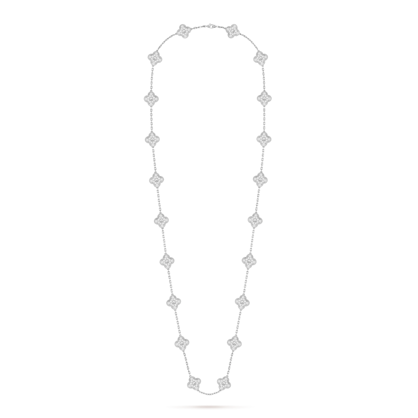 Quatrefoil Long Necklace, 20 Motifs, Rose Gold Tone, Malachite