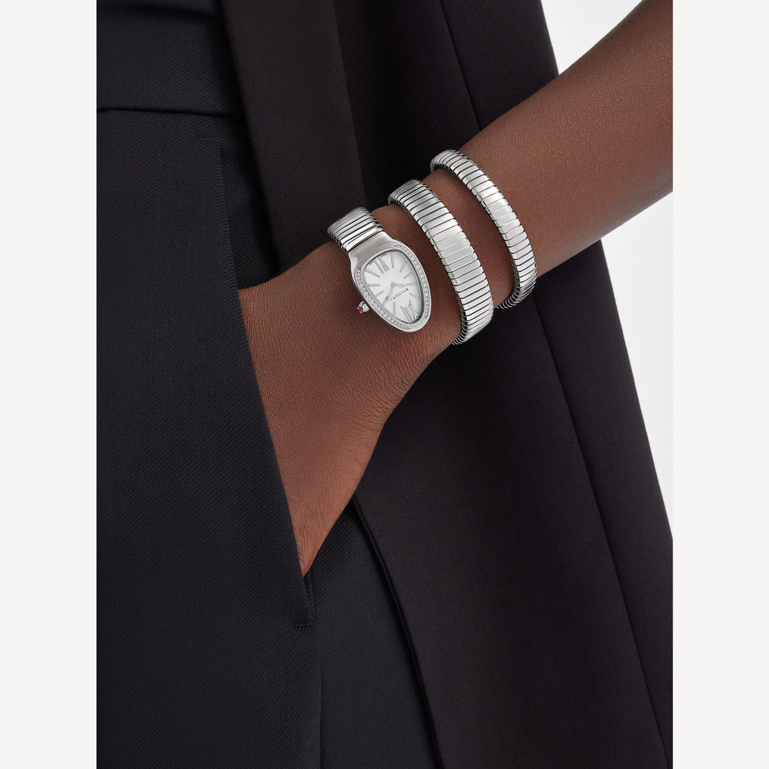 Coiled Band Watch, White Gold Tone, Stone-Set, White, 35 mm, Size S
