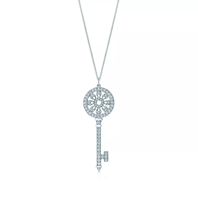 Key Pendant Necklace, White Gold Tone