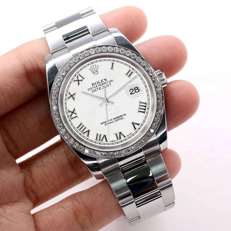 Classic Date Watch, White Gold Tone, Steel, Stone-Set, 36 mm