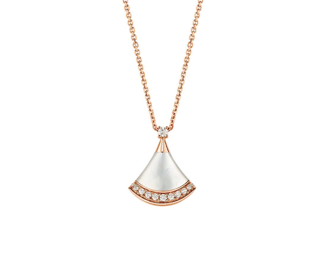 Fan-Motif Necklace, Rose Gold Tone, Stone-Set, Mother-of-Pearl, Size S