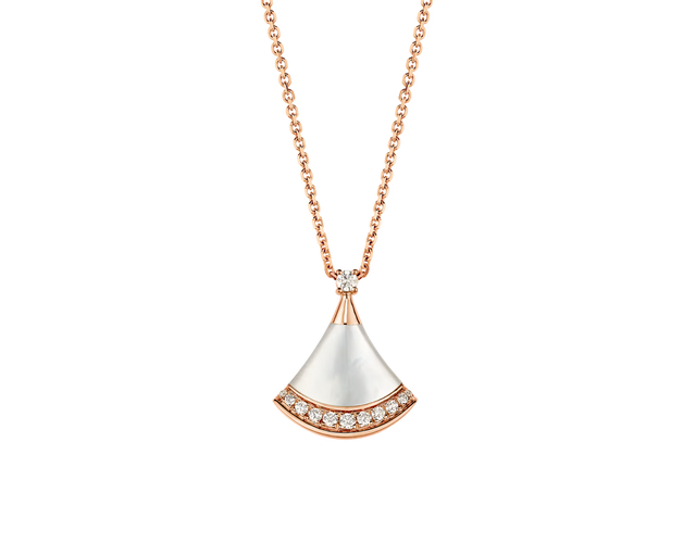Fan-Motif Necklace, Rose Gold Tone, Stone-Set, Mother-of-Pearl, Size S
