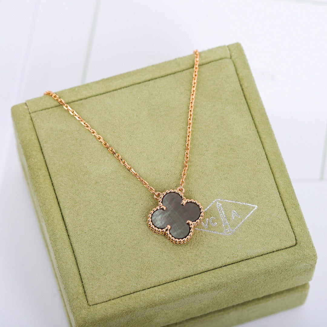 Quatrefoil Pendant Necklace, Yellow Gold Tone, Onyx