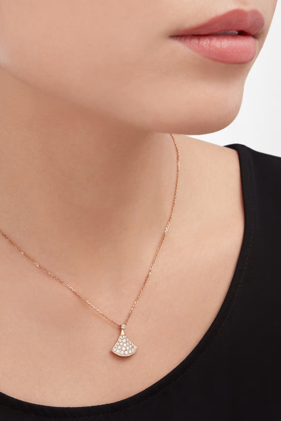 Fan-Motif Necklace, Rose Gold Tone, Stone-Set, Size S