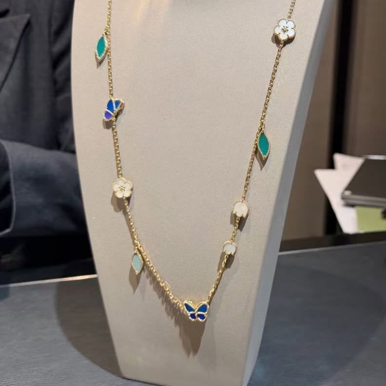 Butterfly Motif Necklace, 15 Motifs, Yellow Gold Tone, Agate
