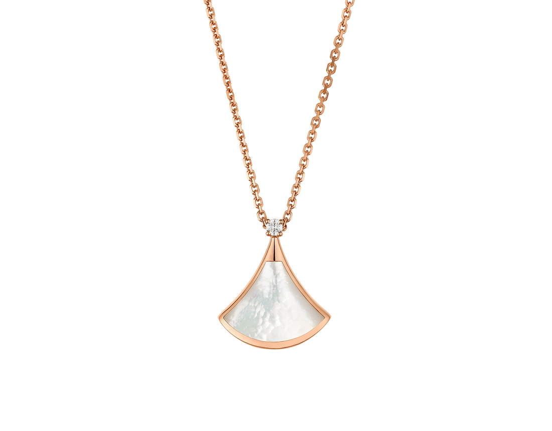 Fan-Motif Necklace, Rose Gold Tone, Stone-Set, Mother-of-Pearl