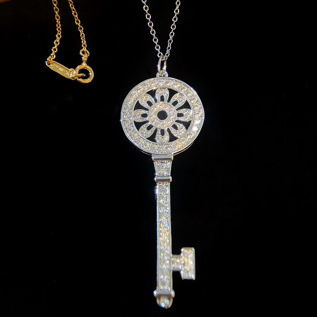 Key Pendant Necklace, White Gold Tone