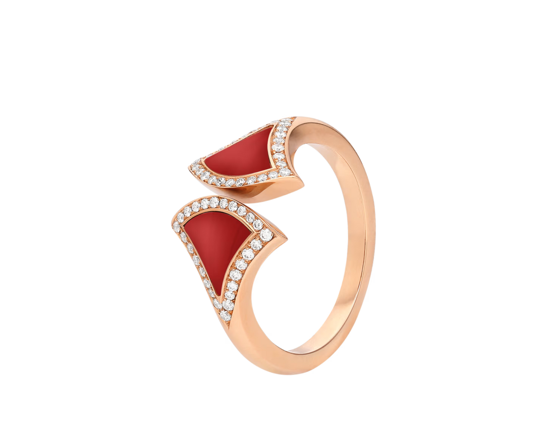 Fan-Motif Ring, Rose Gold Tone, Stone-Set, Carnelian