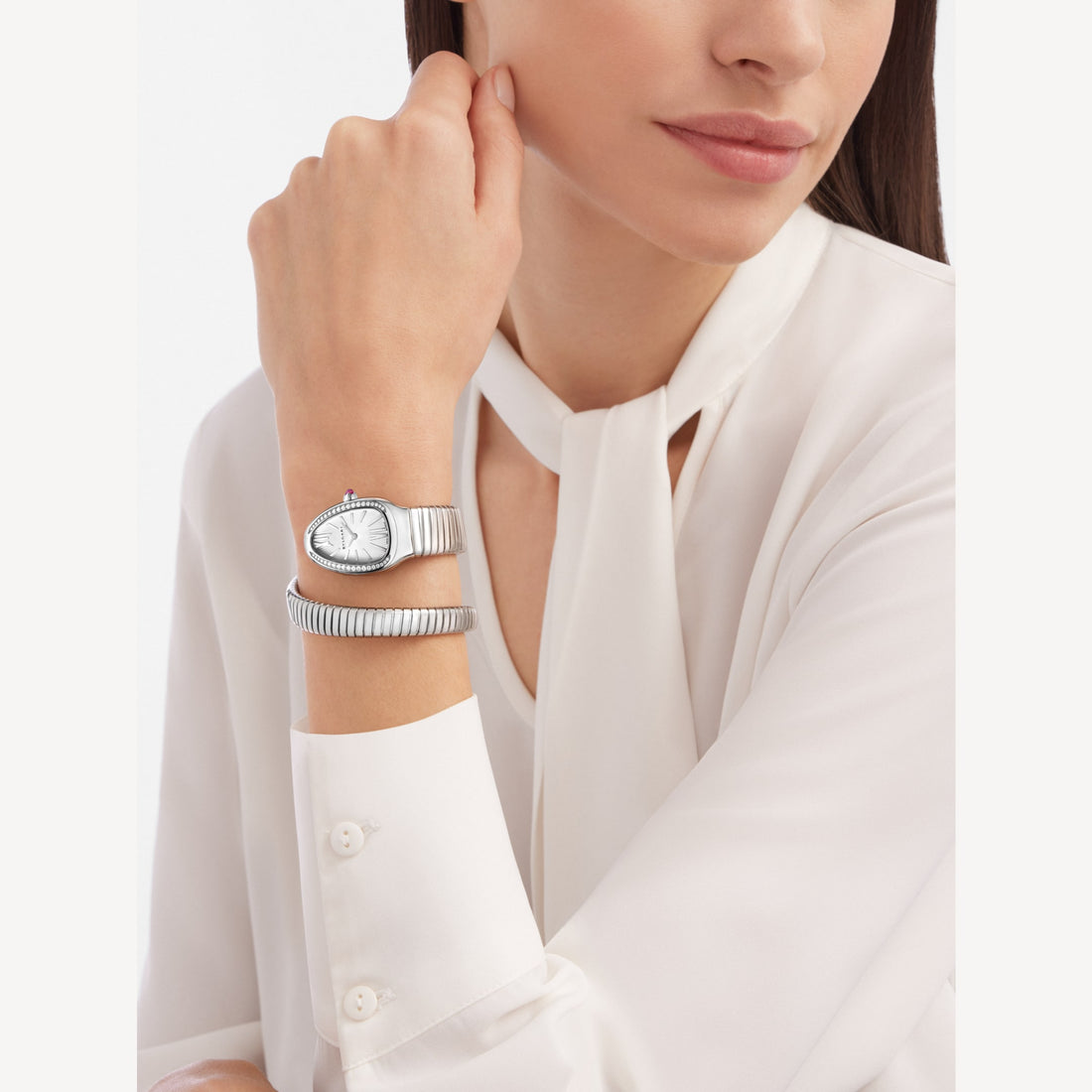 Coiled Band Watch, White Gold Tone, Stone-Set, White, 35 mm