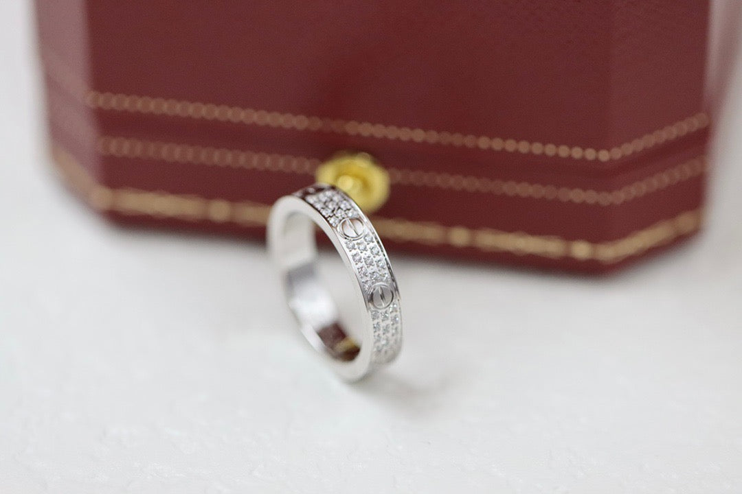 Screw-Motif Band Ring, Stone-Set, White Gold Tone