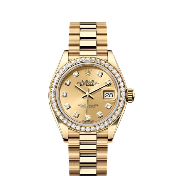 Round Watch, Yellow Gold Tone, Steel, Stone-Set