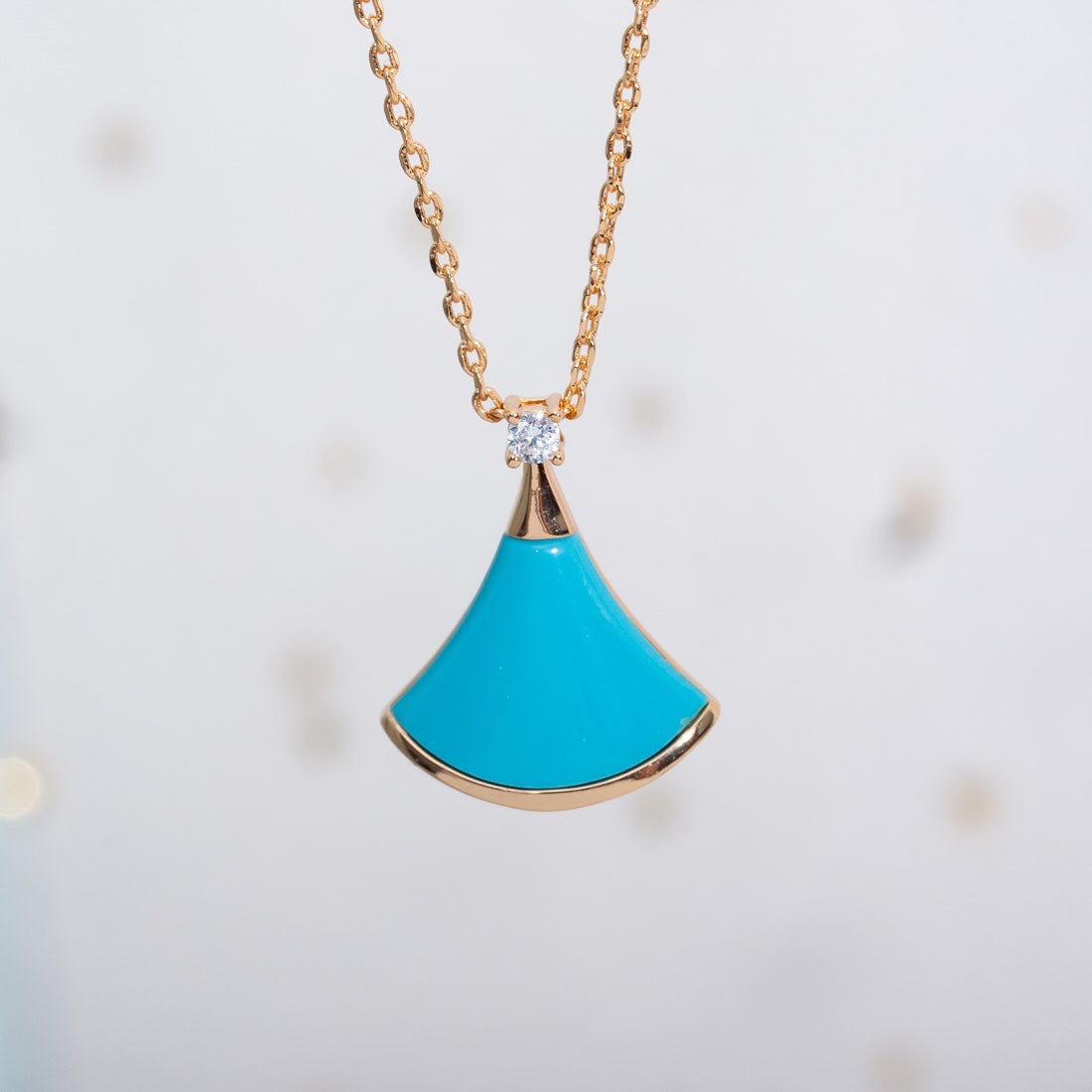 Fan-Motif Necklace, Rose Gold Tone, Stone-Set, Turquoise