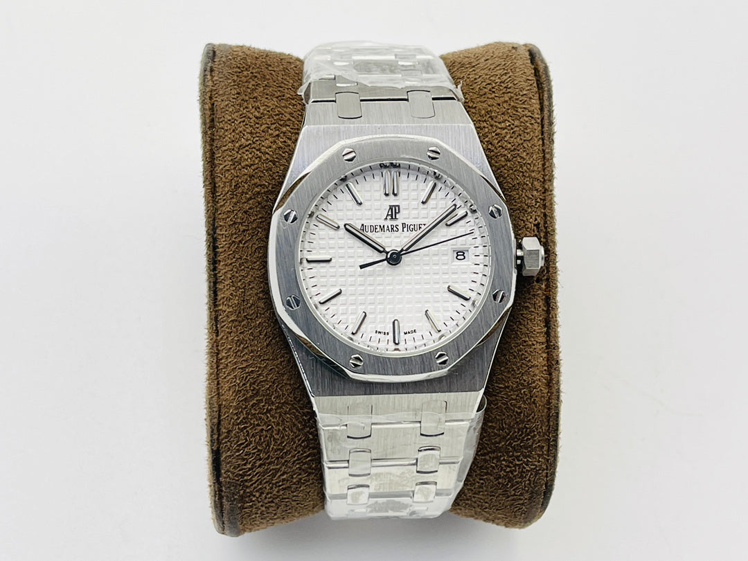 Octagonal Bezel Watch, White Gold Tone, White, 34 mm