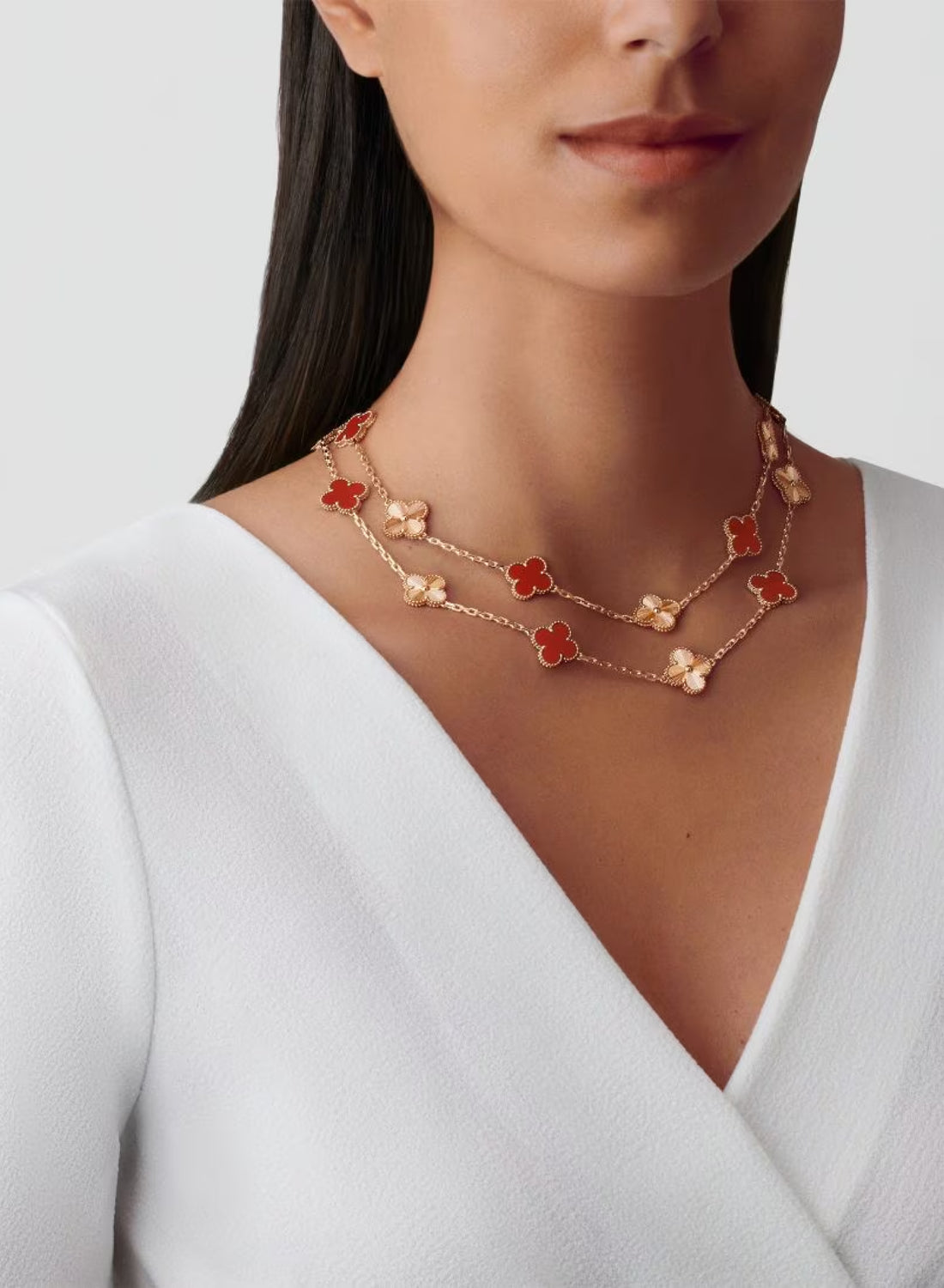 Quatrefoil Long Necklace, 20 Motifs, Rose Gold Tone, Malachite