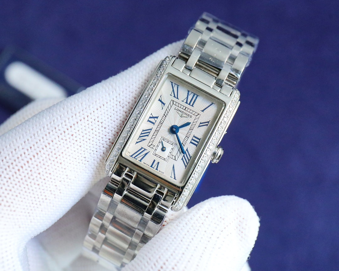 Rectangular Case Watch, Steel, Stone-Set