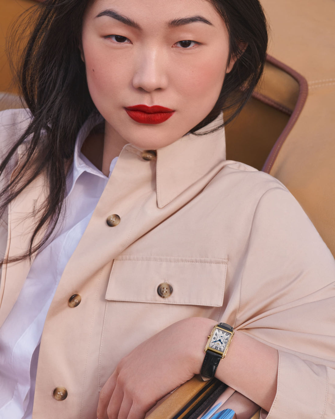 Rectangular Case Watch, 18K, Yellow Gold Tone, Stone-Set