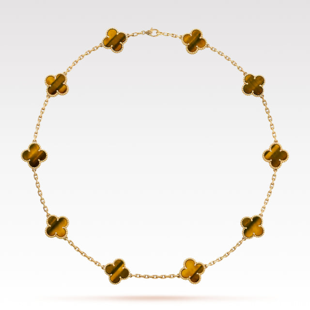 Quatrefoil Pendant Necklace, 10 Motifs, Yellow Gold Tone, Malachite