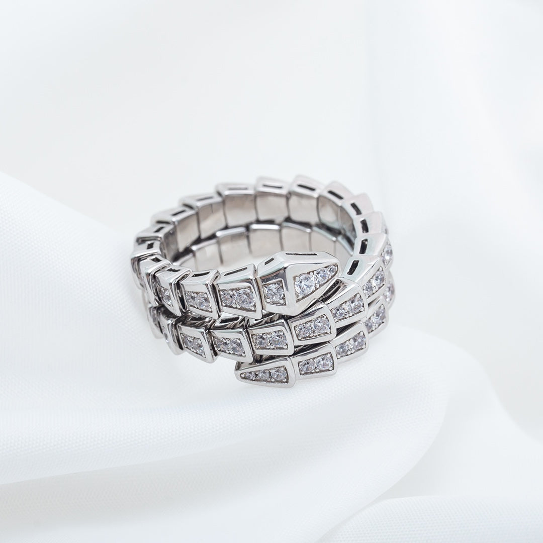 Snake-Scale Ring, White Gold Tone, Stone-Set