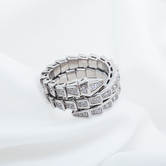 Snake-Scale Ring, White Gold Tone, Stone-Set
