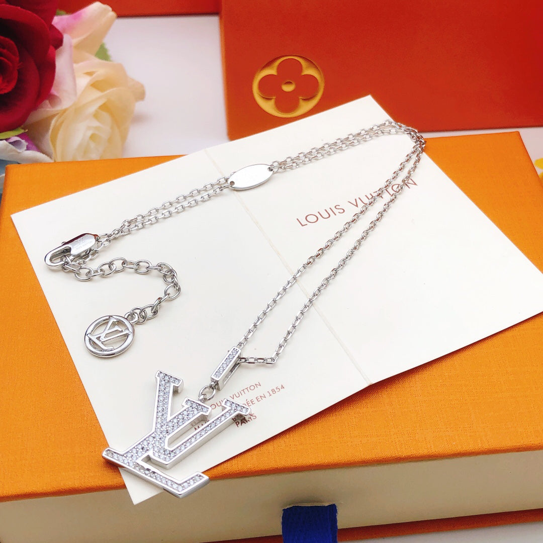 Flower Motif Pendant Necklace, White Gold Tone, Stone-Set, White