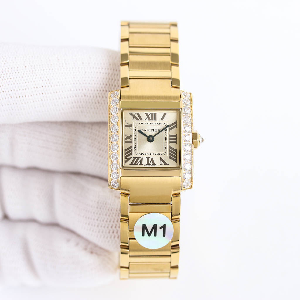 Rectangular Case Watch, Yellow Gold Tone, Stone-Set, Small Model
