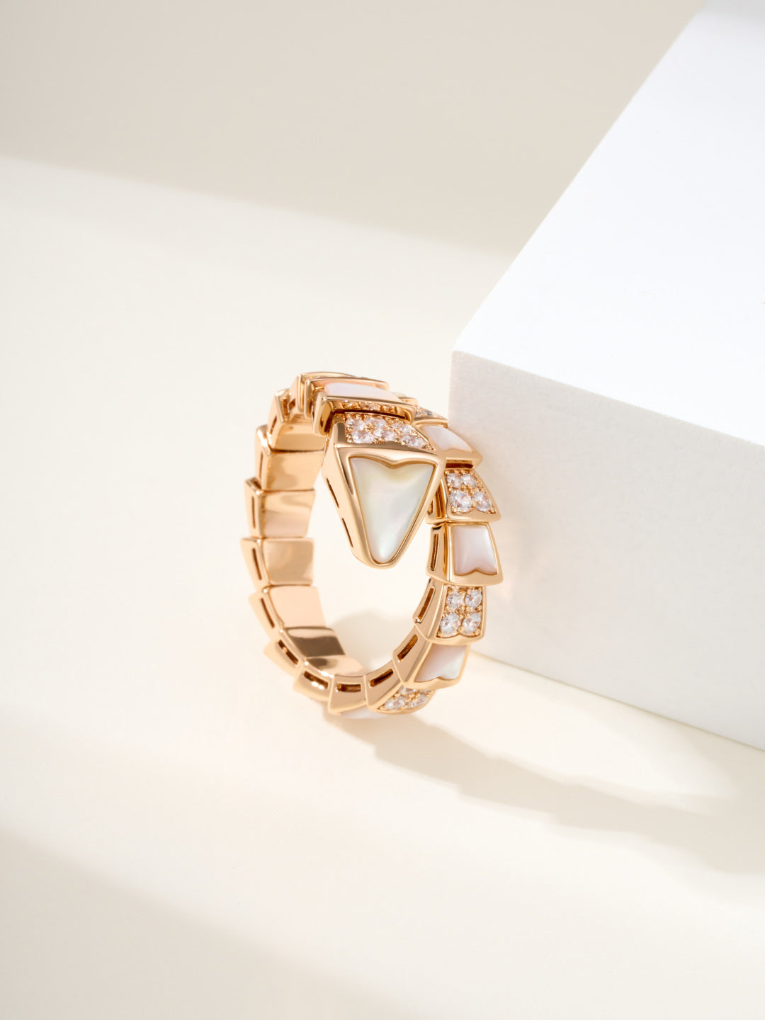 Snake-Scale Ring, Rose Gold Tone, Stone-Set, Mother-of-Pearl