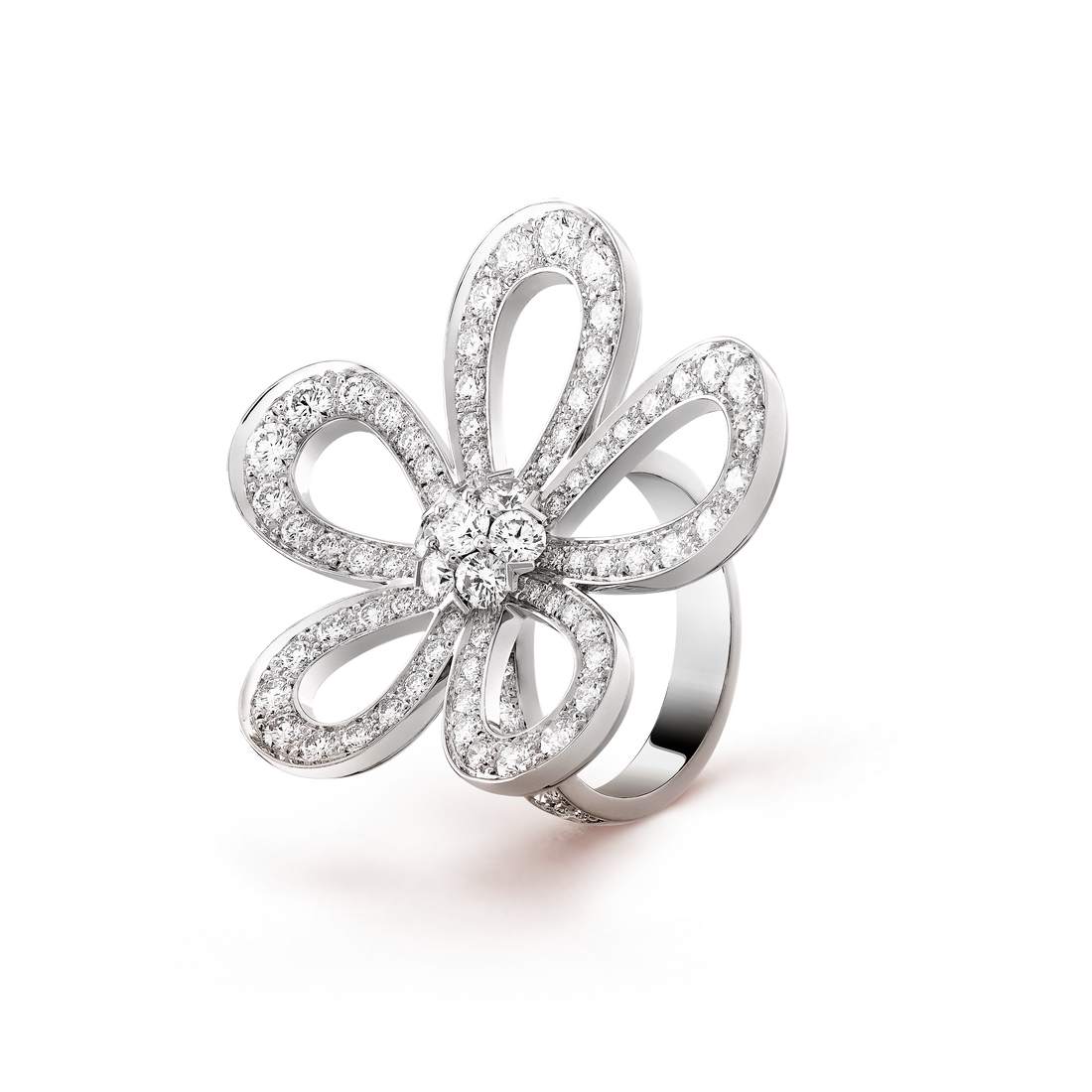 Openwork Flower Ring, White Gold Tone, Stone-Set, White