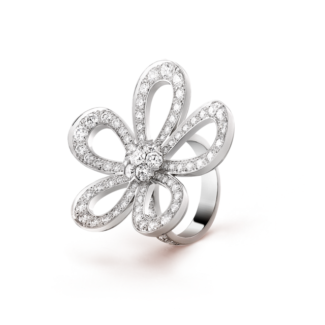 Openwork Flower Ring, White Gold Tone, Stone-Set, White