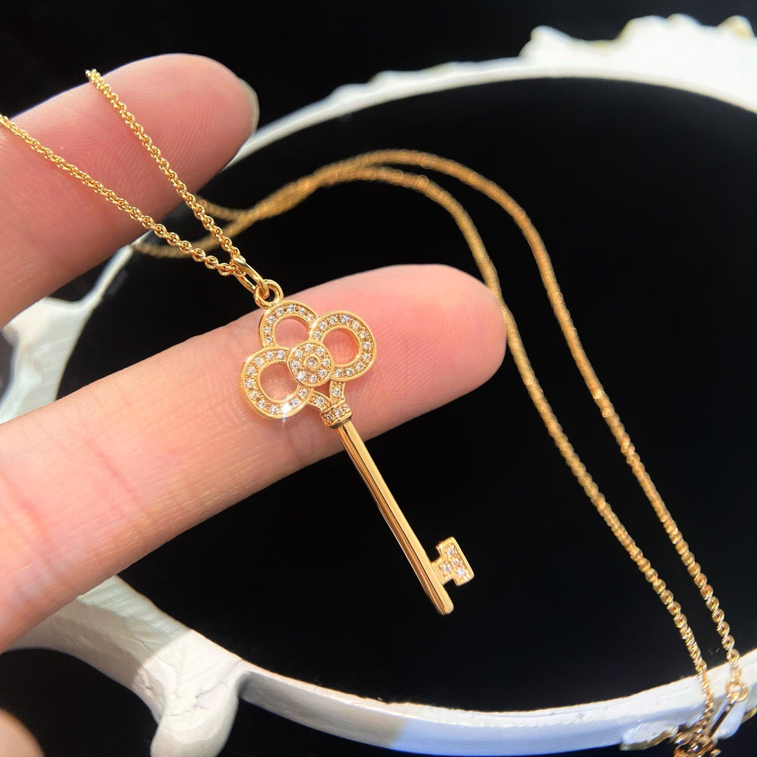 Key Pendant Necklace, White Gold Tone