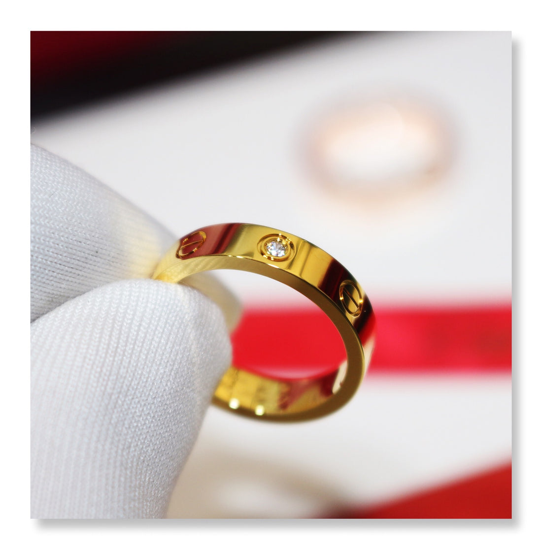 Screw-Motif Band Ring, Stone-Set, Yellow Gold Tone