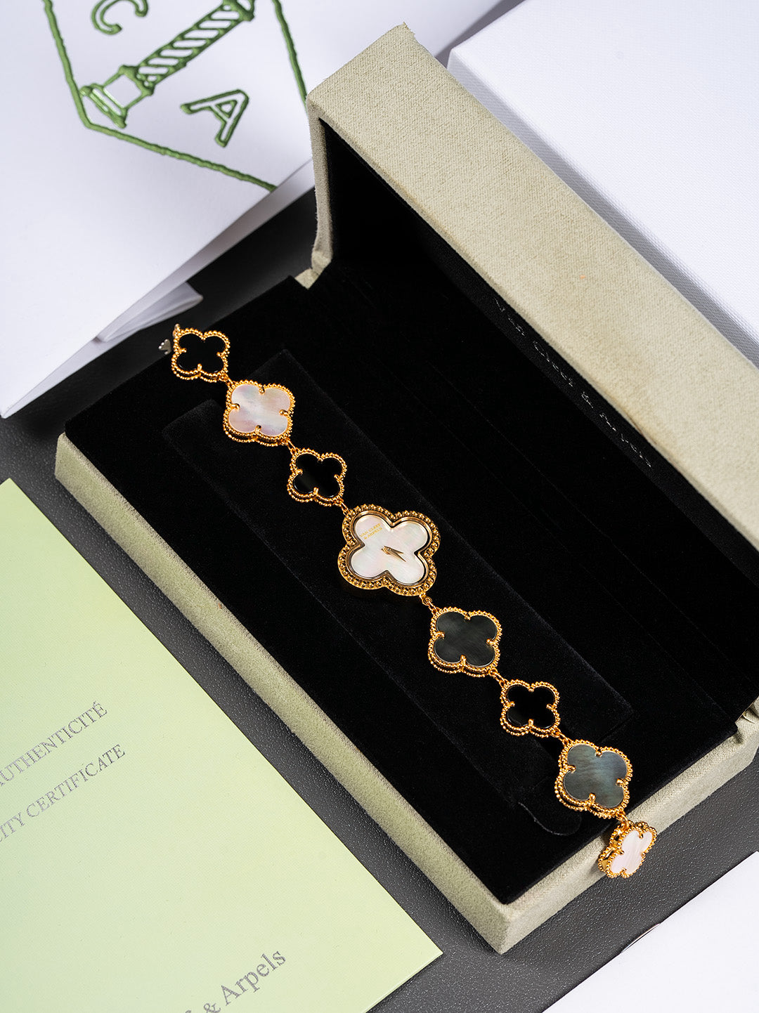 Quatrefoil Dial Watch, 18K, Yellow Gold Tone, Mother-of-Pearl, Onyx
