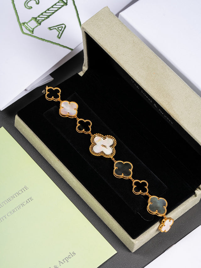 Quatrefoil Dial Watch, 18K, Yellow Gold Tone, Mother-of-Pearl, Onyx