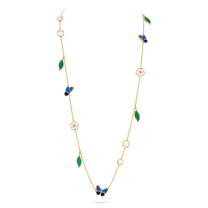 Butterfly Motif Necklace, 15 Motifs, Yellow Gold Tone, Agate