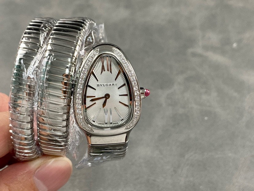 Coiled Band Watch, White Gold Tone, Stone-Set, White, 35 mm, Size S