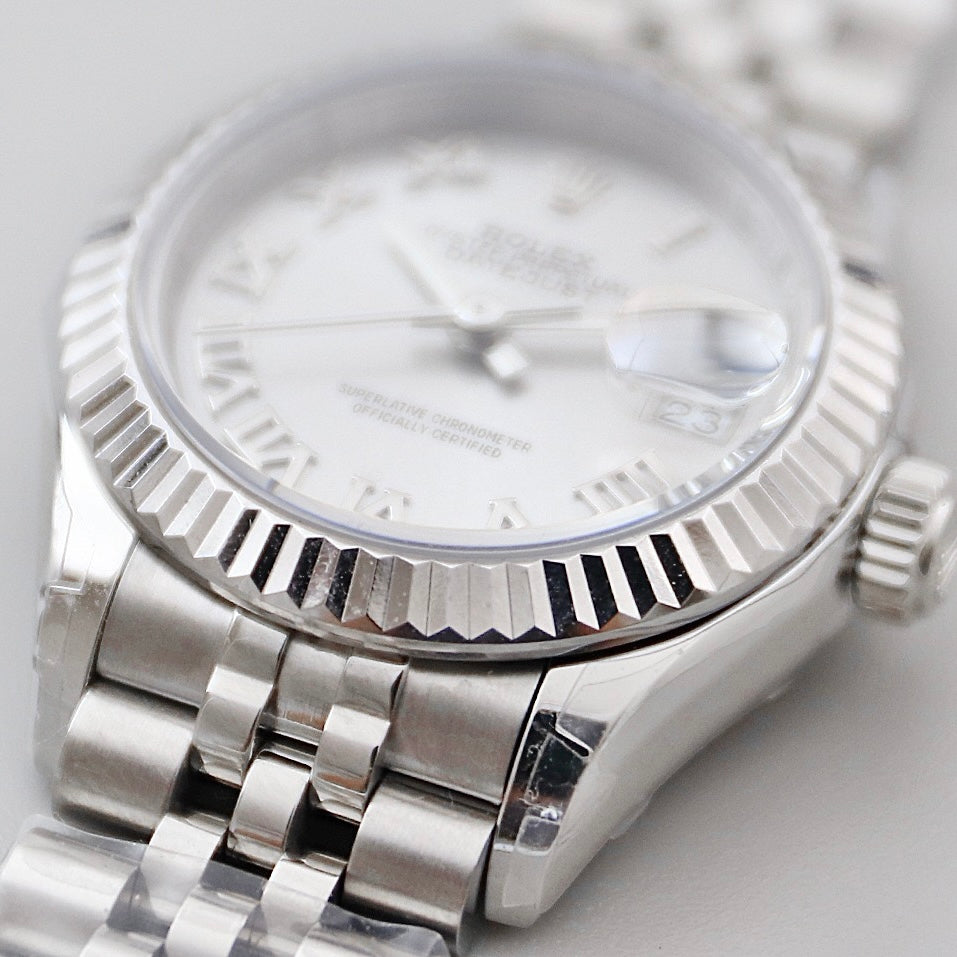 Classic Date Watch, White Gold Tone, Steel, White, 28 mm
