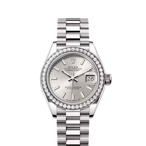 Classic Date Watch, White Gold Tone, Steel, Stone-Set, 28 mm