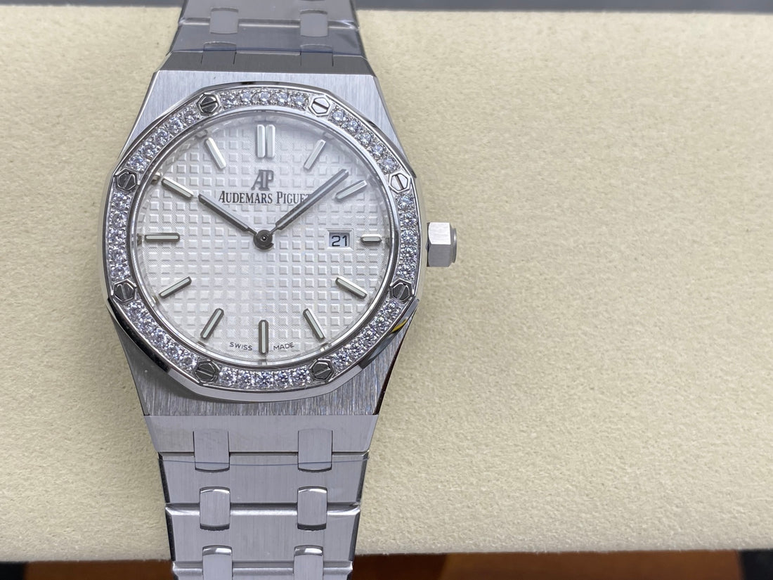 Octagonal Bezel Watch, White Gold Tone, Stone-Set, White, 33 mm