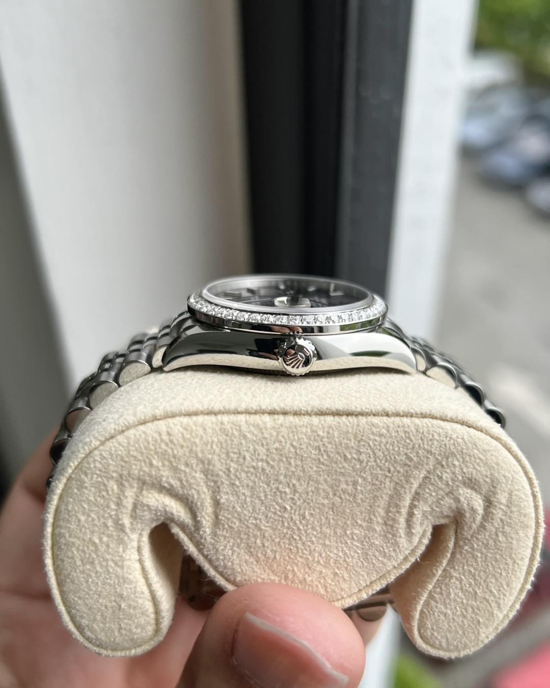 Classic Date Watch, White Gold Tone, Steel, Stone-Set, 28 mm