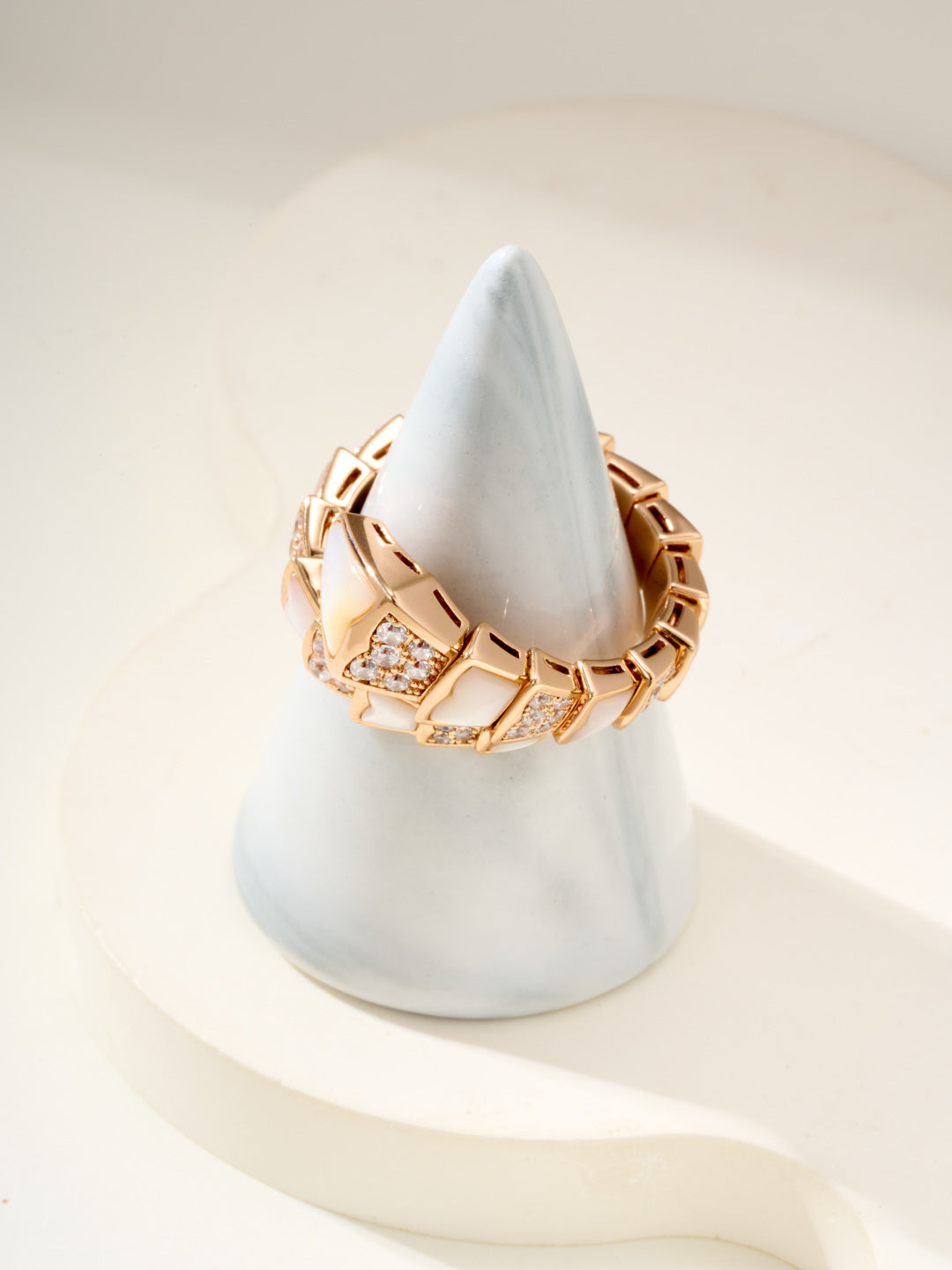 Snake-Scale Ring, Rose Gold Tone, Stone-Set, Mother-of-Pearl